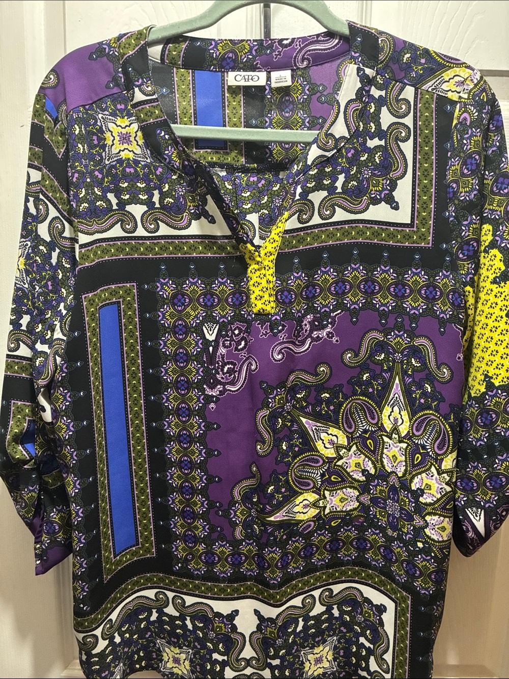 Cato Purple Paisley & Geometric Print Tunic with Yellow Accents
